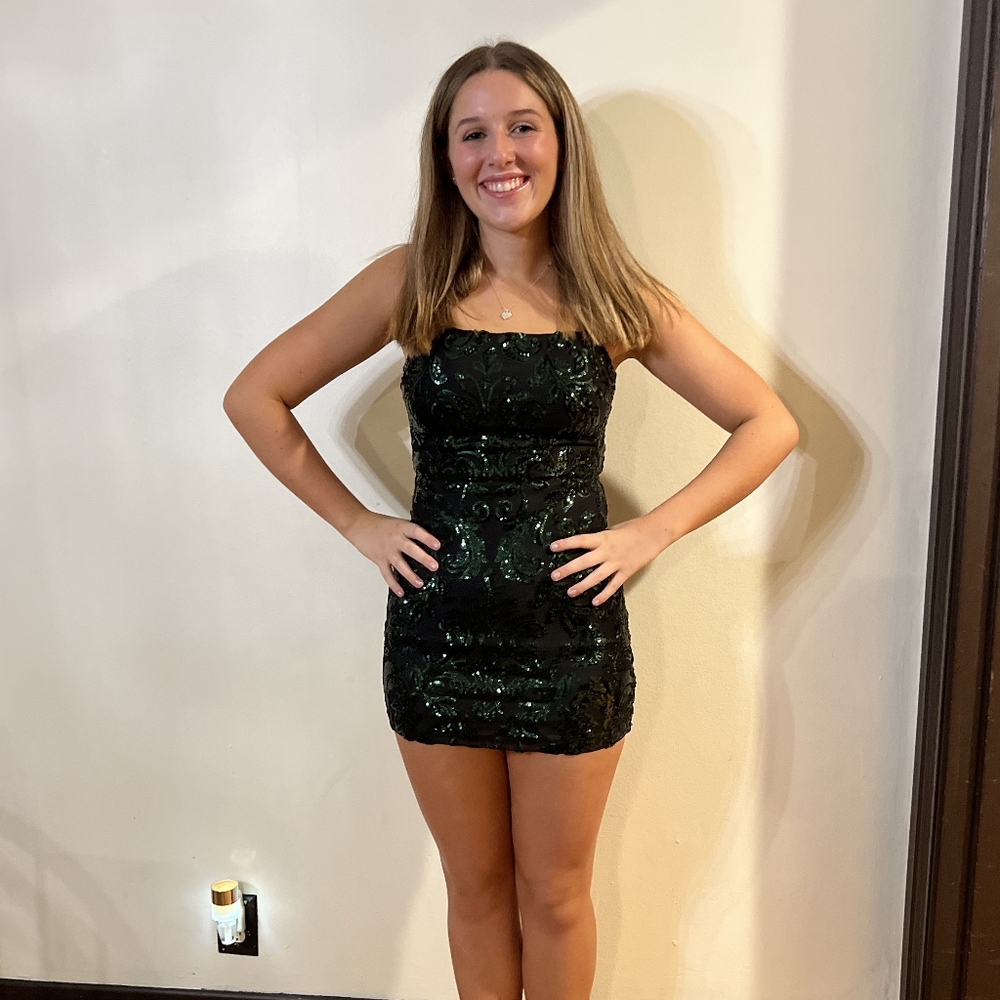 Windsor Strapless Black and Green Sequin Dress
